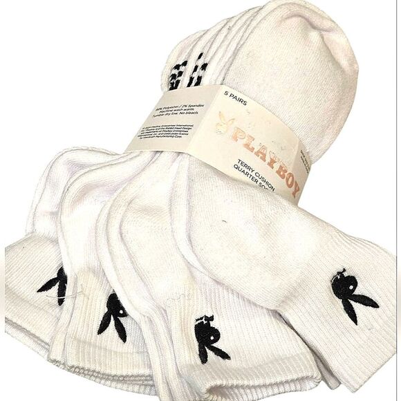 Playboy 5-Pairs Bunny Logo Terry Cushion Unisex Quarter Socks - Picture 1 of 4